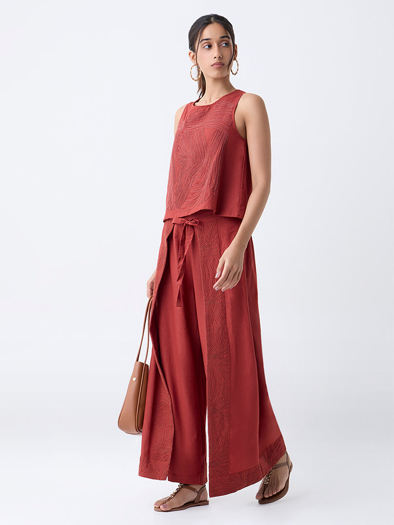 LOV Rust Embroidered Wide-Leg High-Rise Trousers