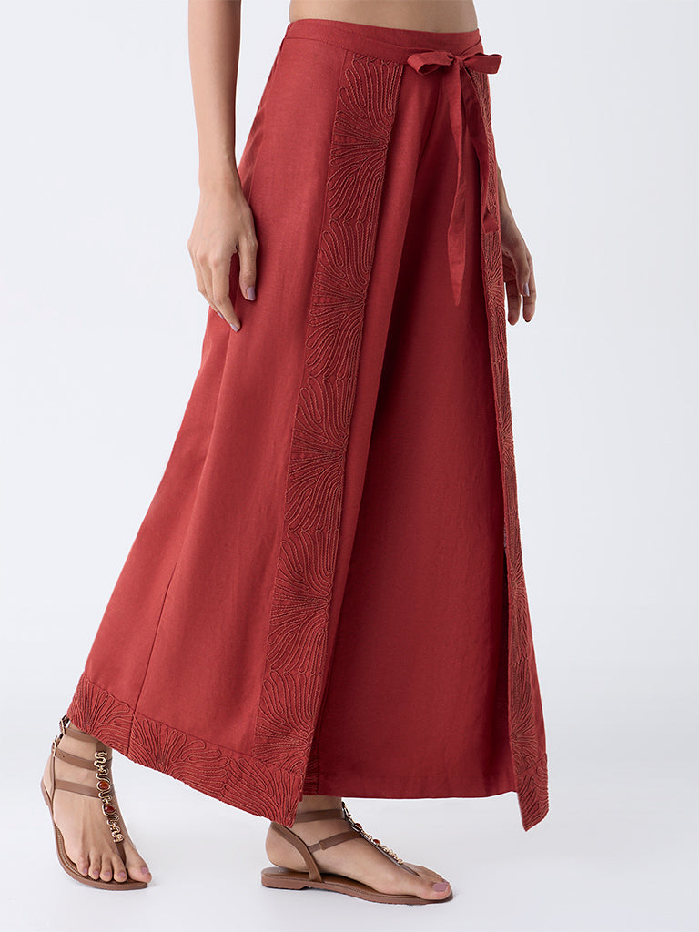 LOV Rust Embroidered Wide-Leg High-Rise Trousers - Image 2