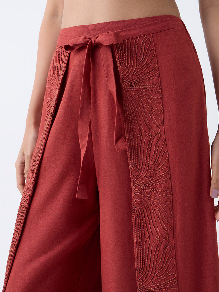 LOV Rust Embroidered Wide-Leg High-Rise Trousers - Image 3