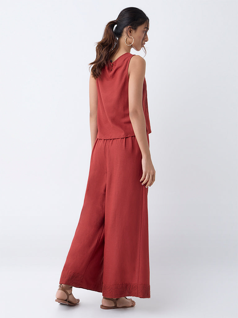 LOV Rust Embroidered Wide-Leg High-Rise Trousers - Image 4