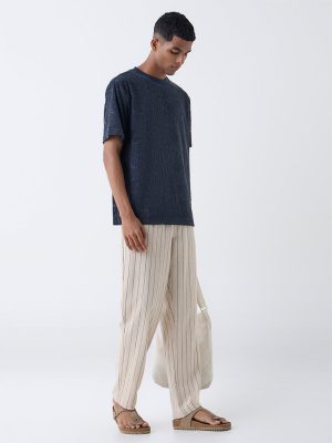 ETA Beige Pinstriped Relaxed-Fit Mid-Rise Cotton Trousers