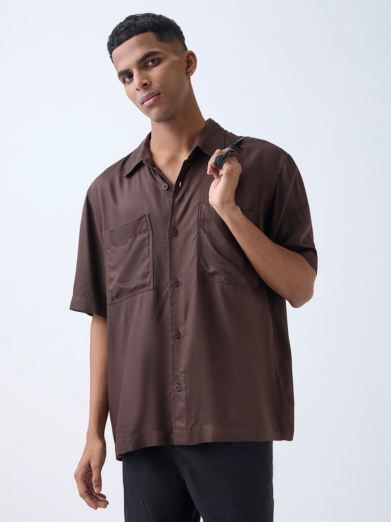 Nuon Brown Solid Relaxed-Fit Shirt