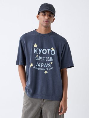 Nuon Dusty Blue Typographic Relaxed-Fit Cotton T-Shirt