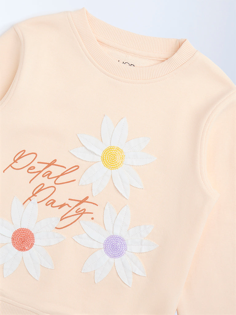 HOP Kids Peach Floral Embroidered Cotton-Blend Sweatshirt - Image 3
