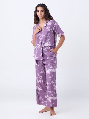 Wunderlove Lavender Tropical Printed Cotton Shirt and Pyjama Set