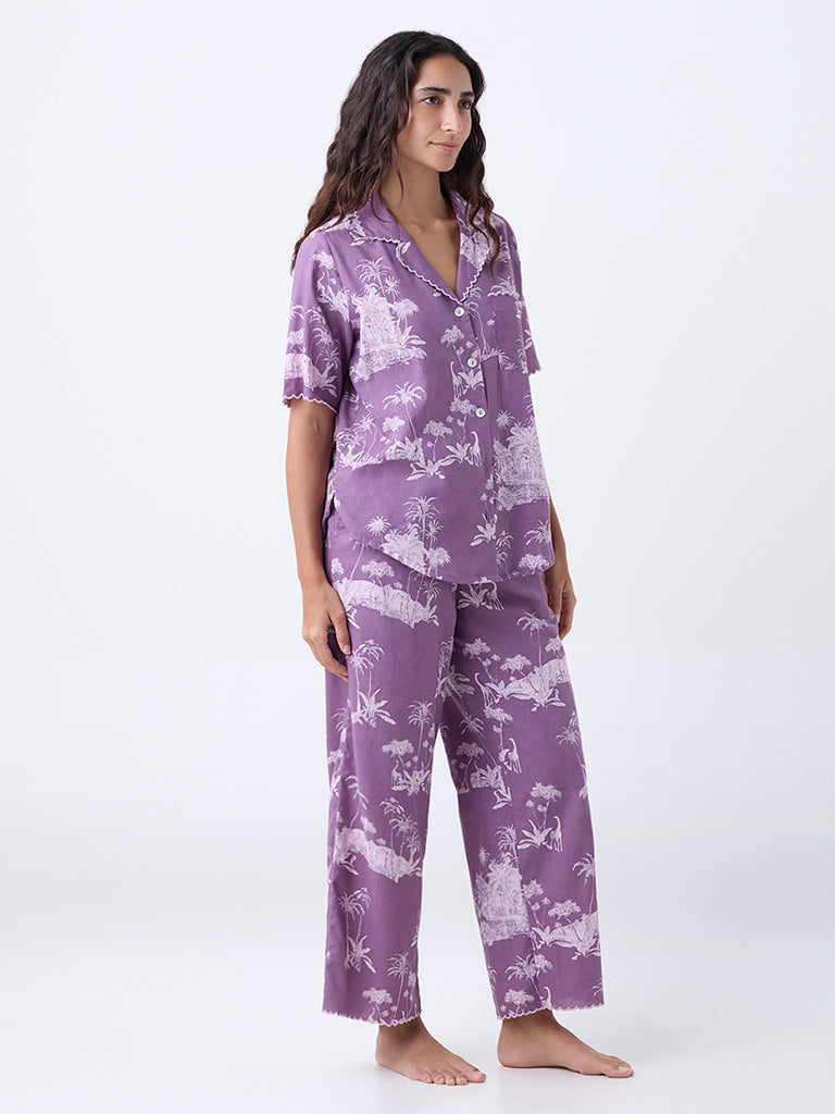 Wunderlove Lavender Tropical Printed Cotton Shirt and Pyjama Set - Image 2