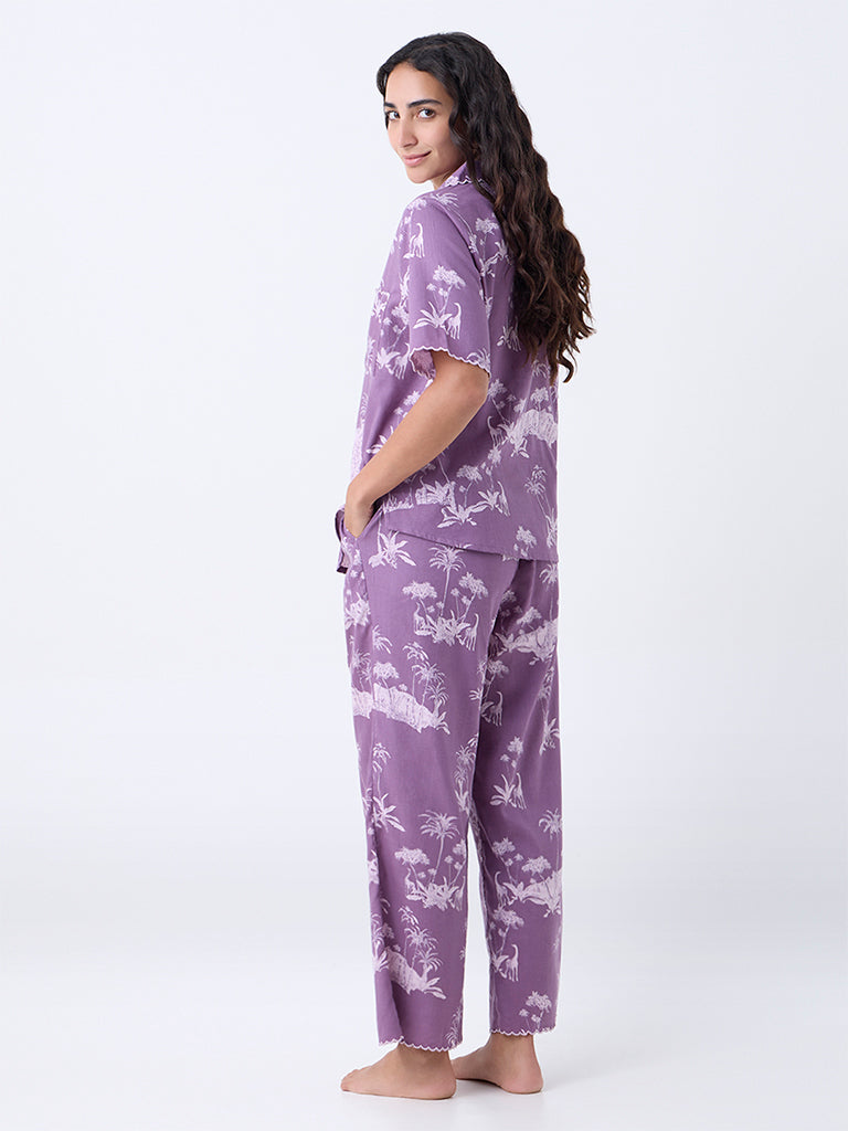 Wunderlove Lavender Tropical Printed Cotton Shirt and Pyjama Set - Image 4