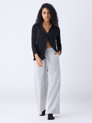 Wunderlove Black Striped Wide-Leg High-Rise Cotton Pants