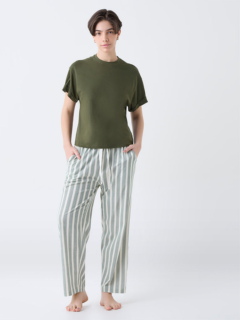 Wunderlove Green Striped Cotton High-Rise Lounge Pants