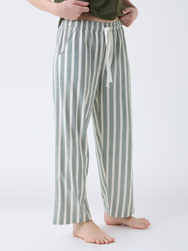 Wunderlove Green Striped Cotton High-Rise Lounge Pants - Image 2