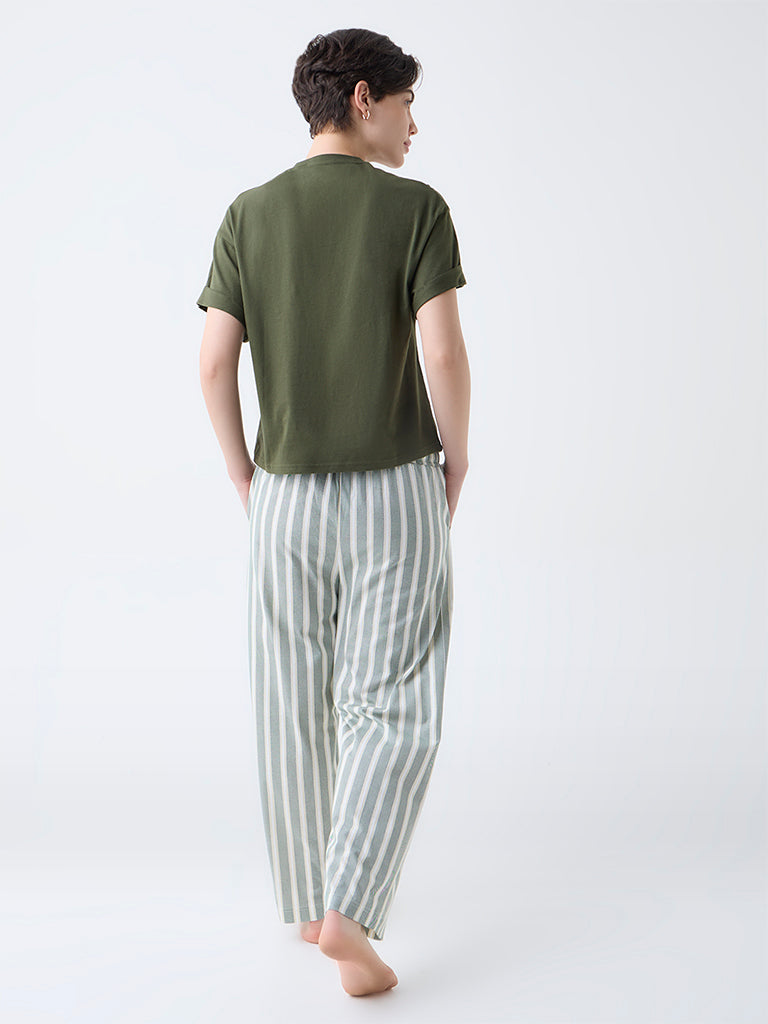 Wunderlove Green Striped Cotton High-Rise Lounge Pants - Image 4