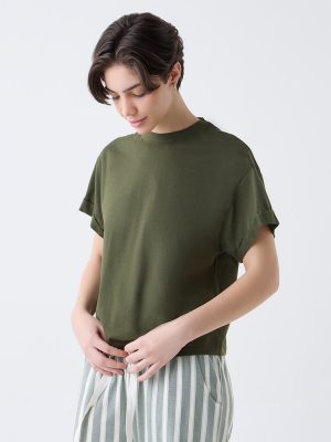 Wunderlove Dark Olive Solid Cotton T-Shirt