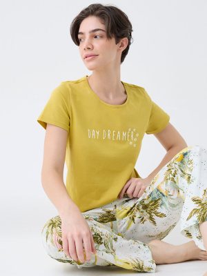 Wunderlove Mustard Text Design Cotton T-Shirt