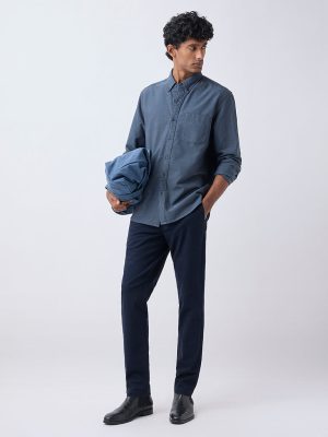 WES Casuals Dark Blue Solid Relaxed-Fit Cotton Shirt