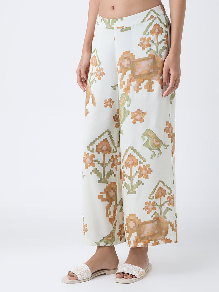 Utsa Off-White Printed Pants