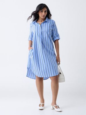 Gia Blue Striped Cotton A-Line Dress