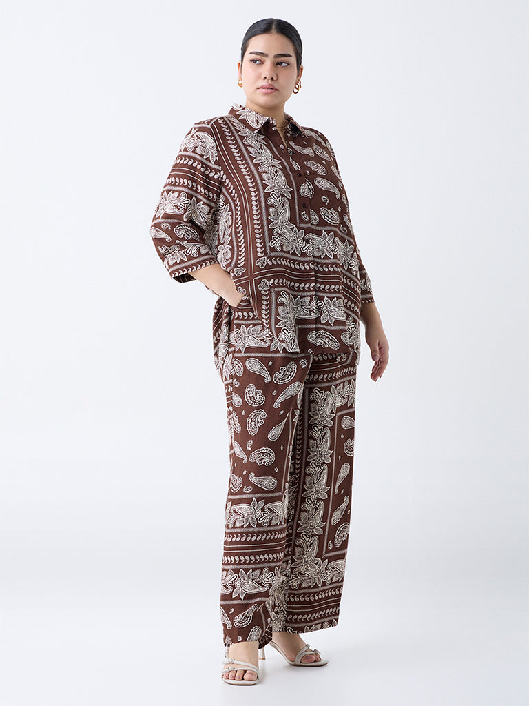 Gia Dark Brown Paisley Design High-Rise Pants