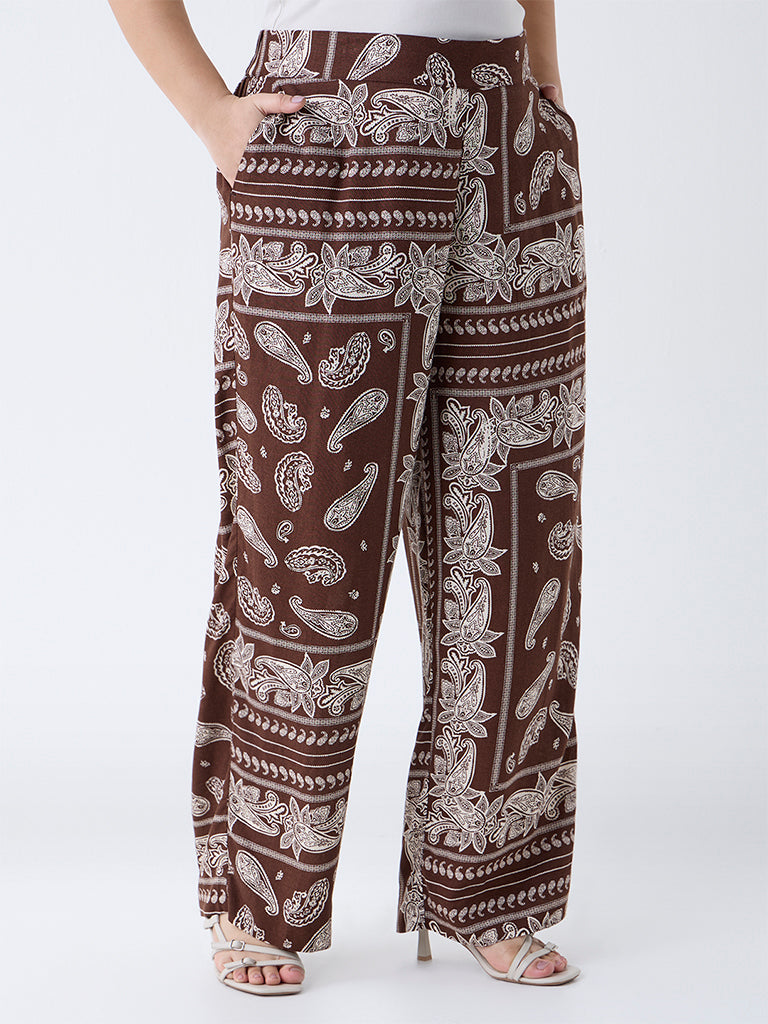 Gia Dark Brown Paisley Design High-Rise Pants - Image 2