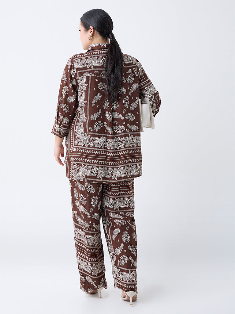 Gia Dark Brown Paisley Design High-Rise Pants - Image 4