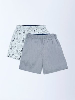 WES Lounge Blue Relaxed-Fit Cotton Boxers - Pack of 2