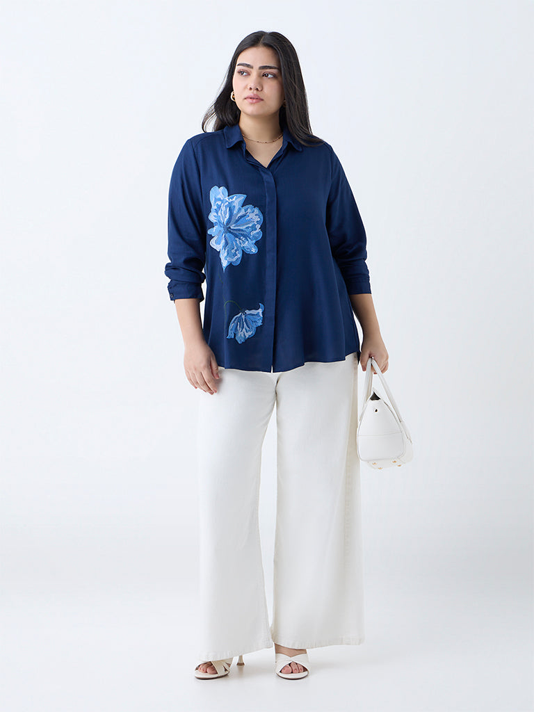 Gia Dark Blue Floral Embroidered Shirt - Image 2
