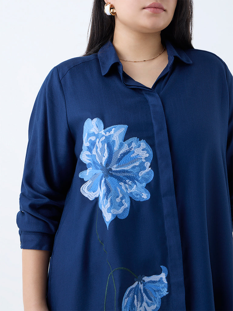 Gia Dark Blue Floral Embroidered Shirt - Image 3