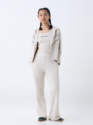 Studiofit Cream Ribbed High-Rise Track Pants