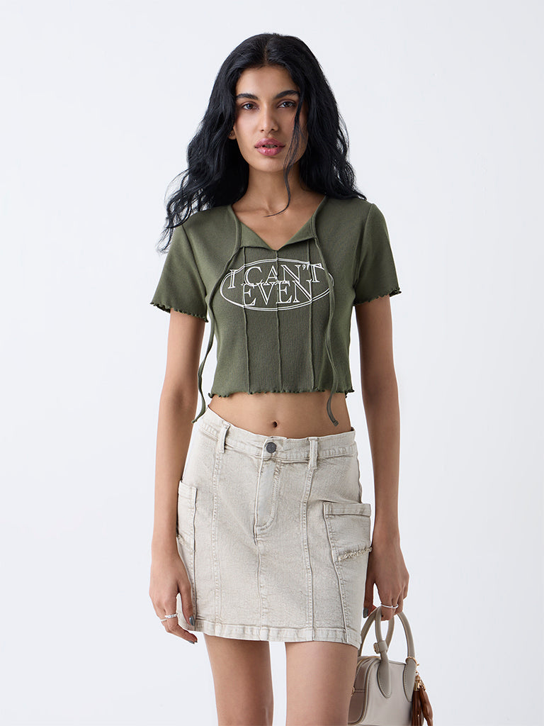 Nuon Olive Text Detailed Cotton-Blend T-Shirt