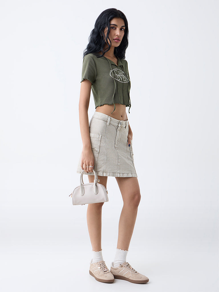 Nuon Olive Text Detailed Cotton-Blend T-Shirt - Image 2