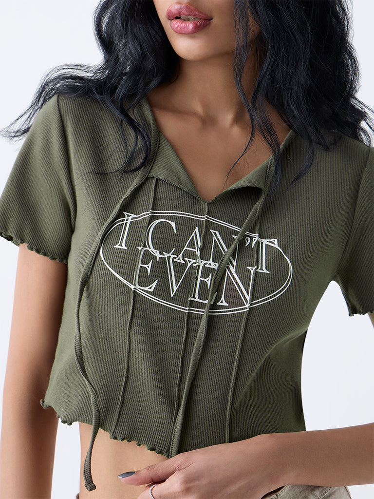 Nuon Olive Text Detailed Cotton-Blend T-Shirt - Image 3