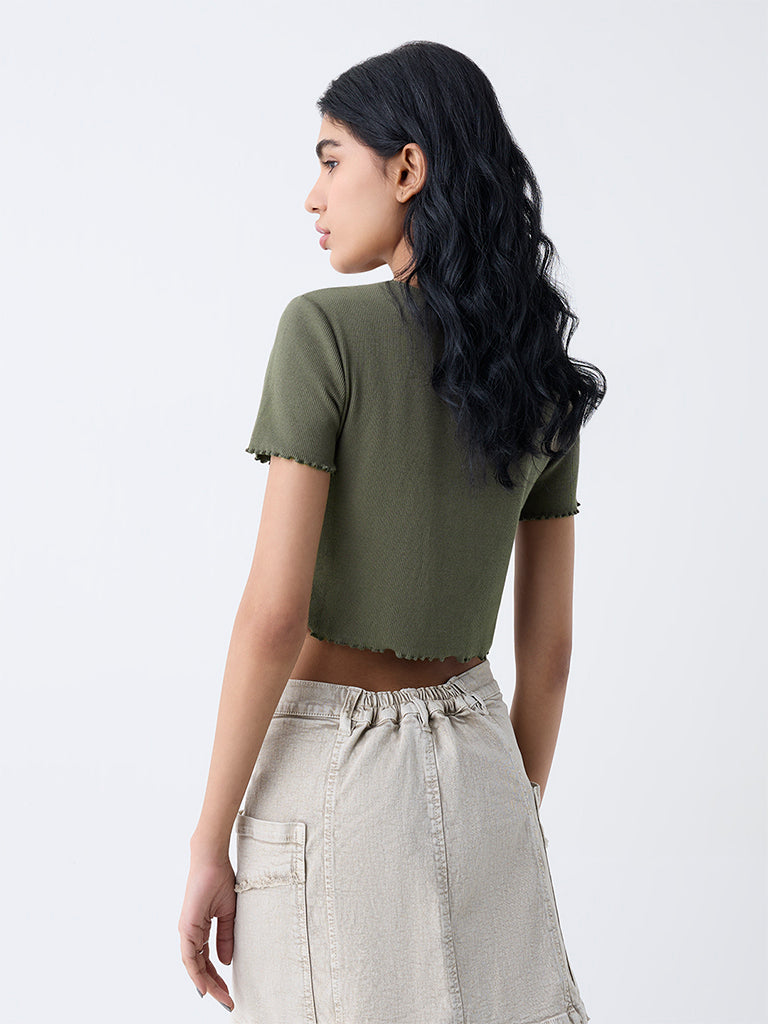 Nuon Olive Text Detailed Cotton-Blend T-Shirt - Image 4