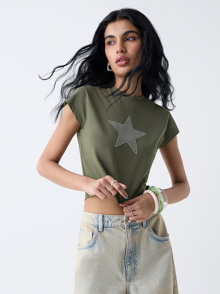 Nuon Olive Stud-Detailed Cotton-Blend T-Shirt
