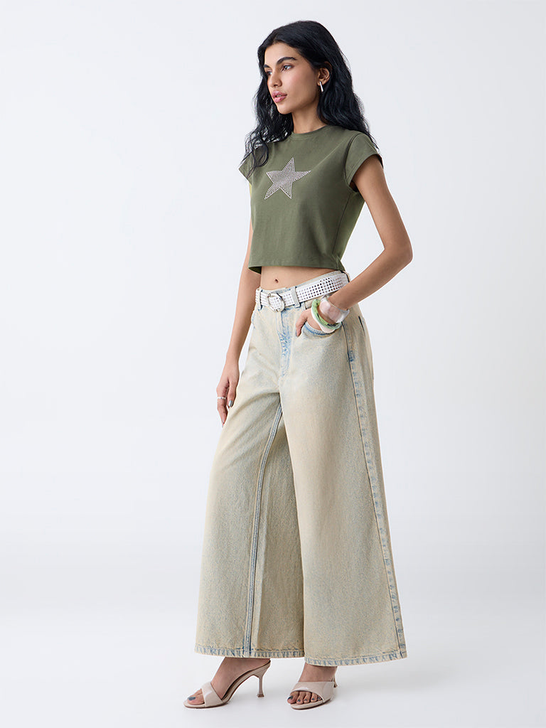 Nuon Olive Stud-Detailed Cotton-Blend T-Shirt - Image 2