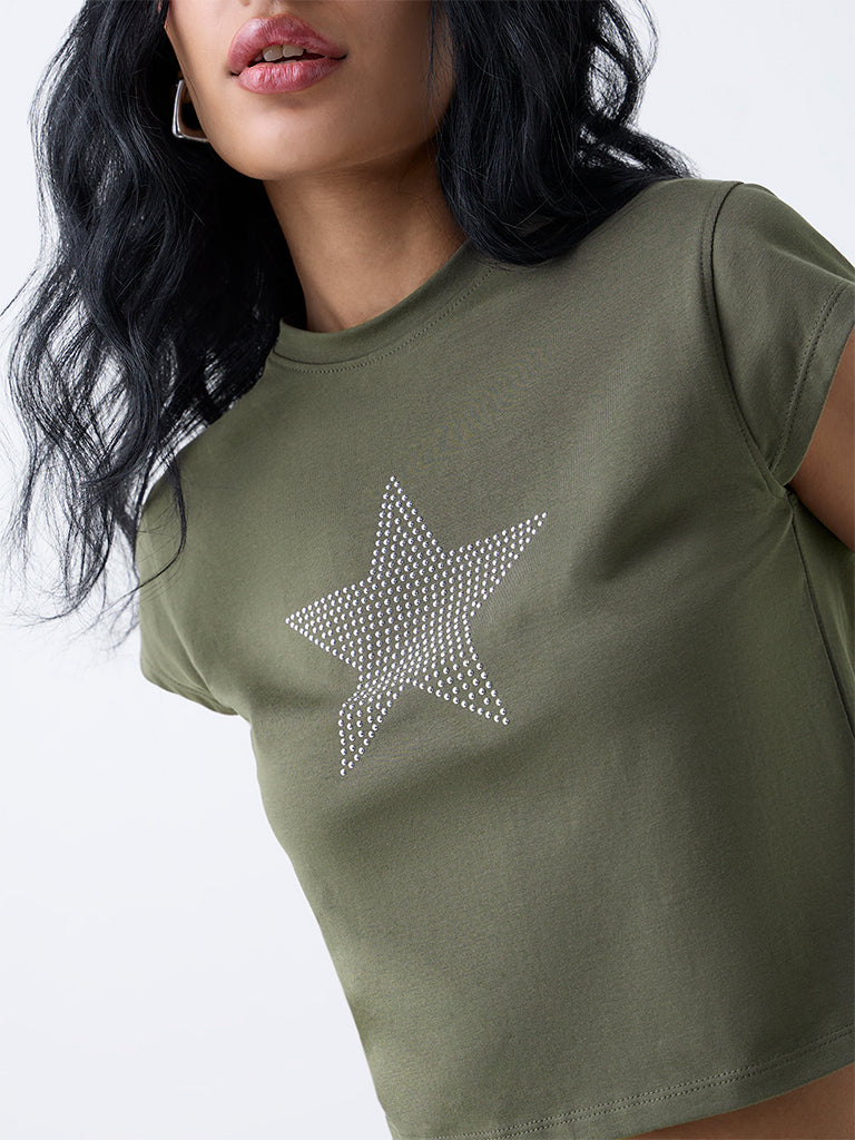 Nuon Olive Stud-Detailed Cotton-Blend T-Shirt - Image 3