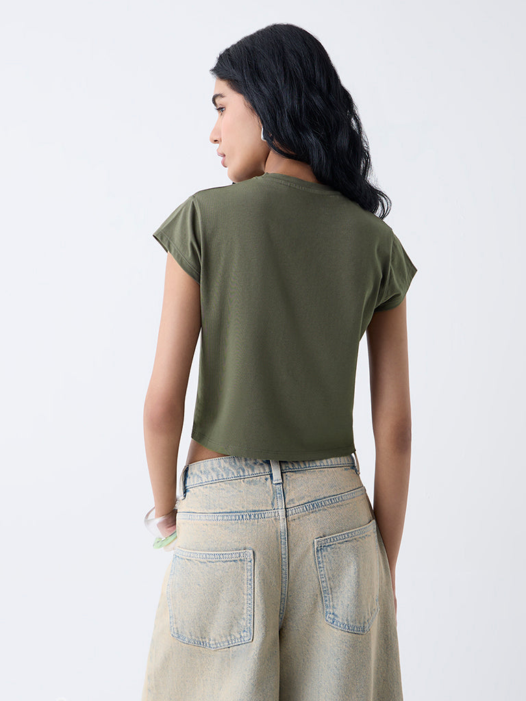 Nuon Olive Stud-Detailed Cotton-Blend T-Shirt - Image 4