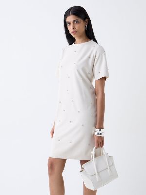 Wardrobe Off-White Faux Suede Diamante-Detailed A-Line Dress