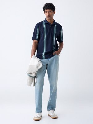 WES Casuals Navy Relaxed Fit Cotton-Blend Polo T-Shirt