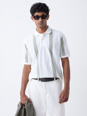WES Casuals White Relaxed Fit Cotton-Blend Polo T-Shirt