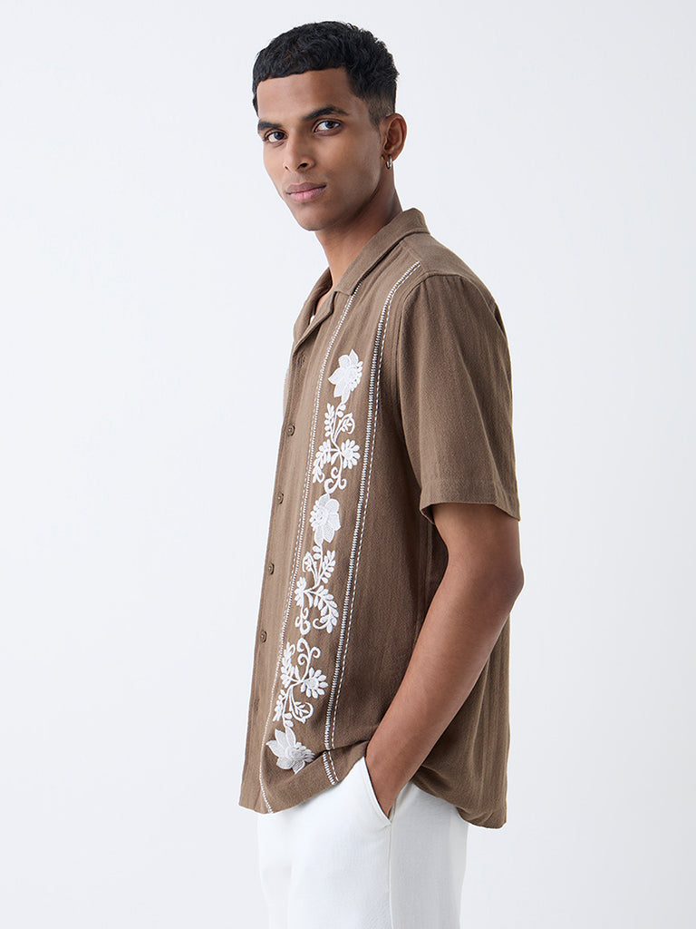 ETA Brown Floral Embroidered Relaxed-Fit Cotton Shirt - Image 3