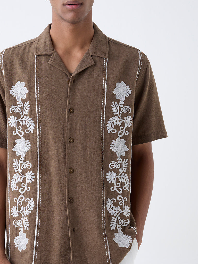 ETA Brown Floral Embroidered Relaxed-Fit Cotton Shirt - Image 4