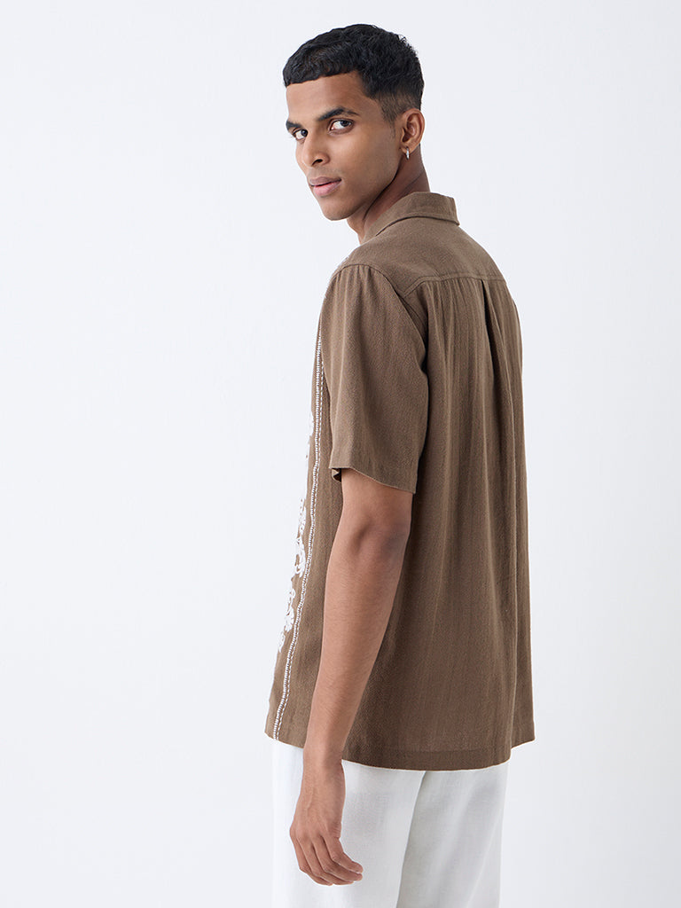 ETA Brown Floral Embroidered Relaxed-Fit Cotton Shirt - Image 5
