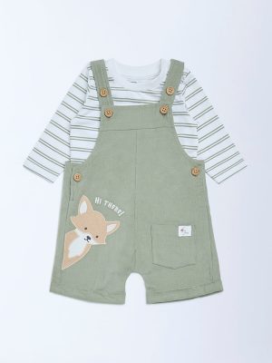 HOP Baby Olive Animal Design Dungaree and T-Shirt Set
