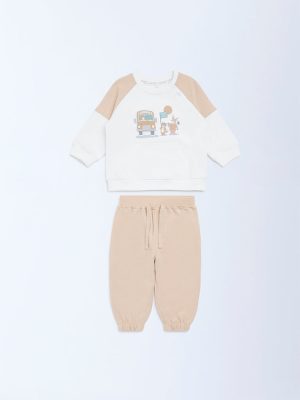 HOP Baby White Printed Cotton Sweatshirt and Pants Set