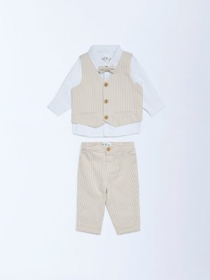 HOP Baby Beige Cotton Waistcoat. Shirt. Trousers and Bow Set