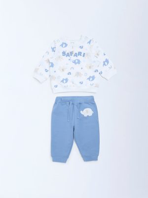 HOP Baby White Animal Printed Cotton Sweatshirt and Pants Set