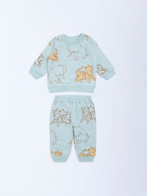 HOP Baby Sage Animal Printed Cotton Sweatshirt and Pants Set