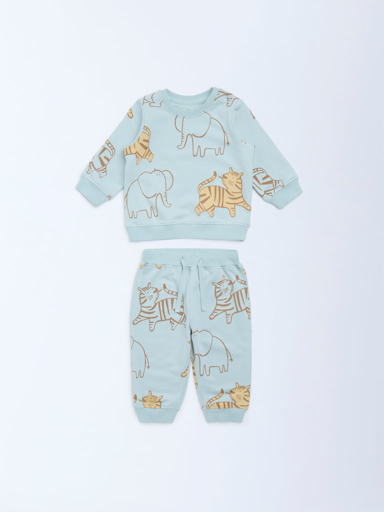 HOP Baby Sage Animal Printed Cotton Sweatshirt and Pants Set