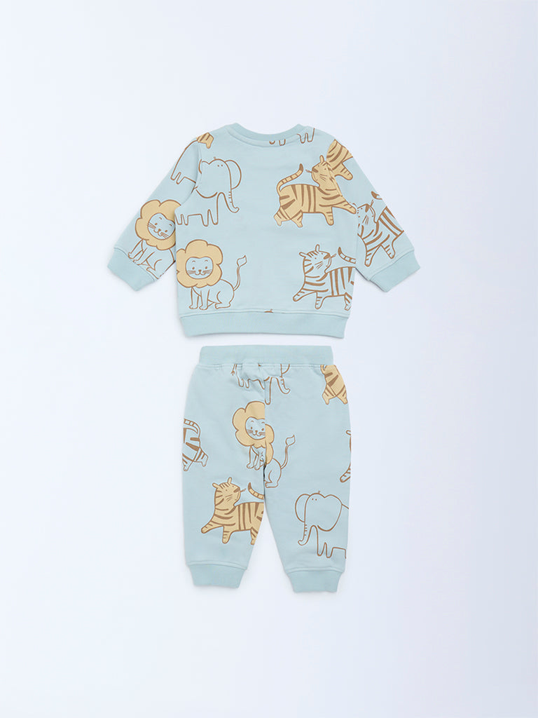 HOP Baby Sage Animal Printed Cotton Sweatshirt and Pants Set - Image 2