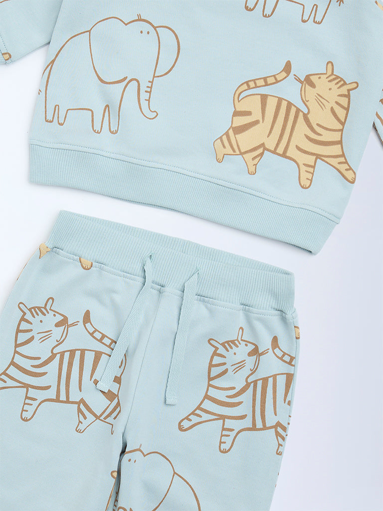 HOP Baby Sage Animal Printed Cotton Sweatshirt and Pants Set - Image 3