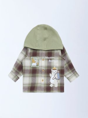 HOP Baby Olive Checkered Cotton Hooded Shirt